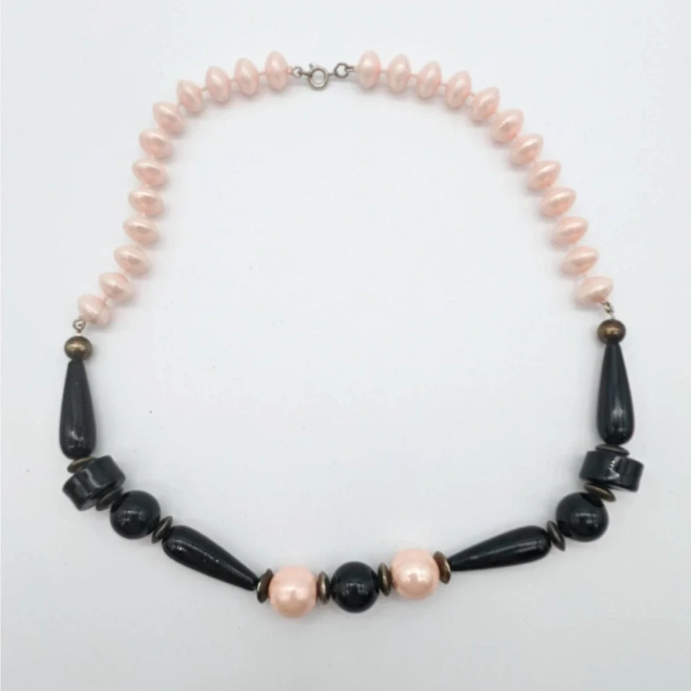 Vintage Chunky Pink And Black Beaded Necklace w/ Sphere Disc and Teardrop Shapes